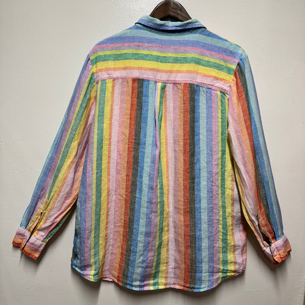 GAP Boyfriend Shirt Linen Stripe Button Up Top Sz L Coastal Beach Colorful - Picture 8 of 10